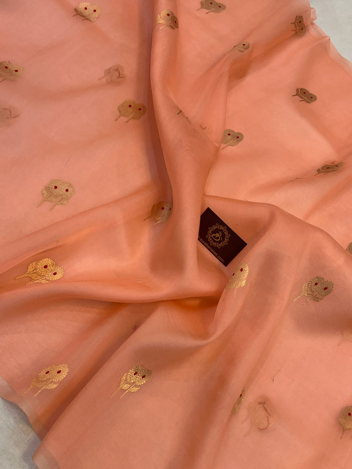 Peach Pure Kora Silk Handloom Banarasi Saree