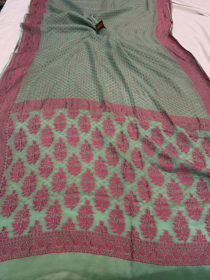 Sage Green Banarasi Khaddi Chiffon Saree