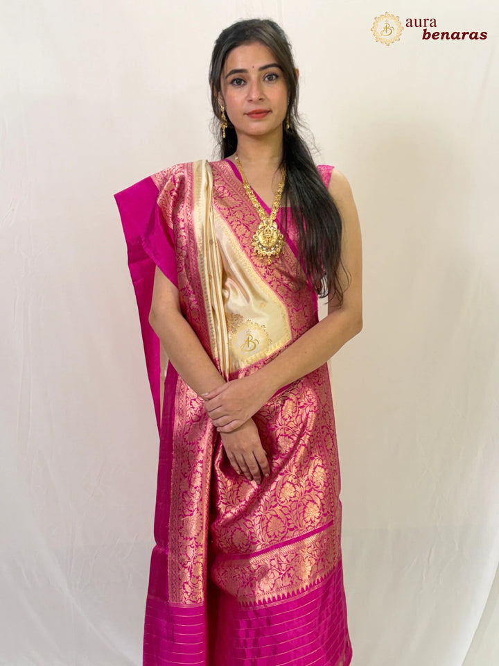 Beige Pure Banarasi Handloom Silk Saree - Aura Benaras