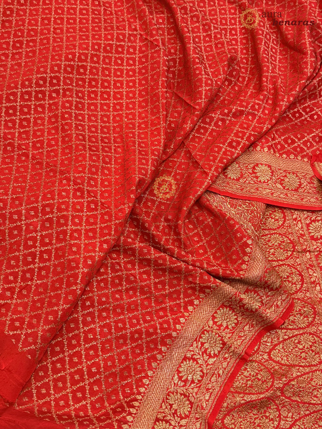 Red Pure Crepe Silk Banarasi Saree with Antique Zari Aada Work