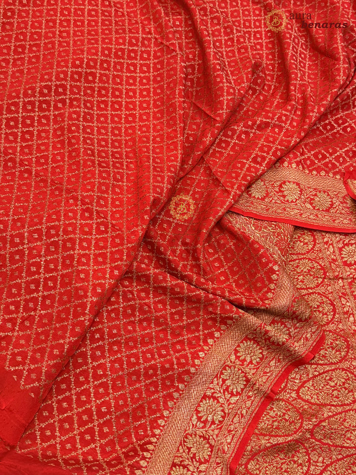 Red Pure Crepe Silk Banarasi Saree with Antique Zari Aada Work