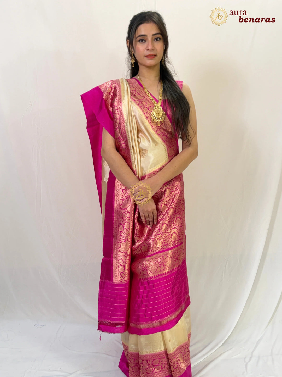 Beige Pure Banarasi Handloom Silk Saree - Aura Benaras