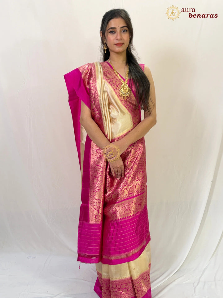 Beige Pure Banarasi Handloom Silk Saree - Aura Benaras