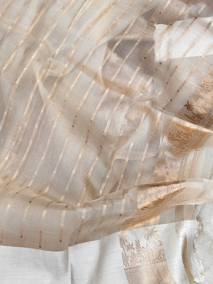 Cream Pure Kora Silk Handloom Banarasi Saree