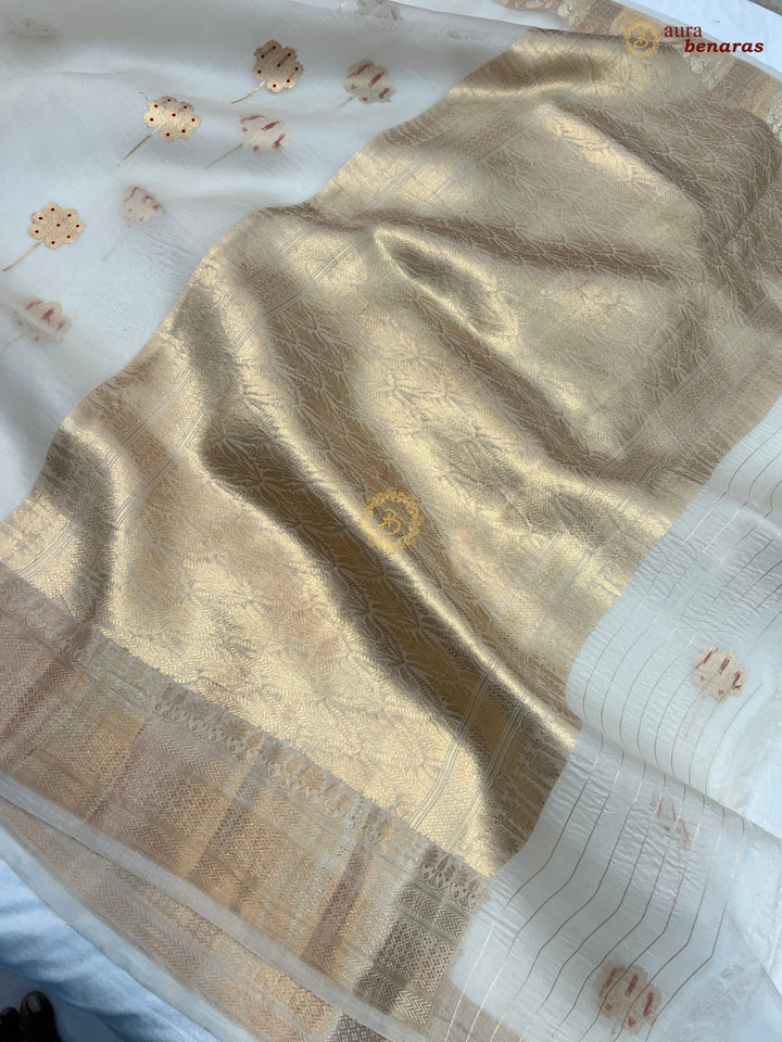 Off White Silk Banarasi Saree with Kadhwa Zari & Meenakari