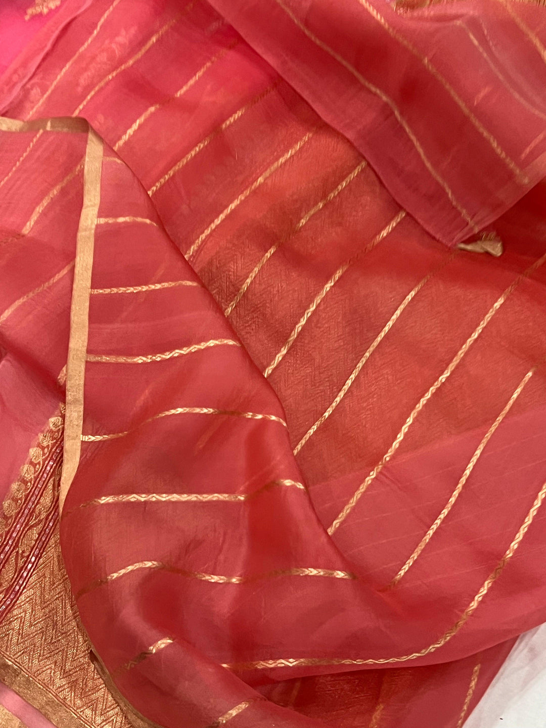 Strawberry Pink Banarasi Handloom Kora Silk Saree - Aura Benaras