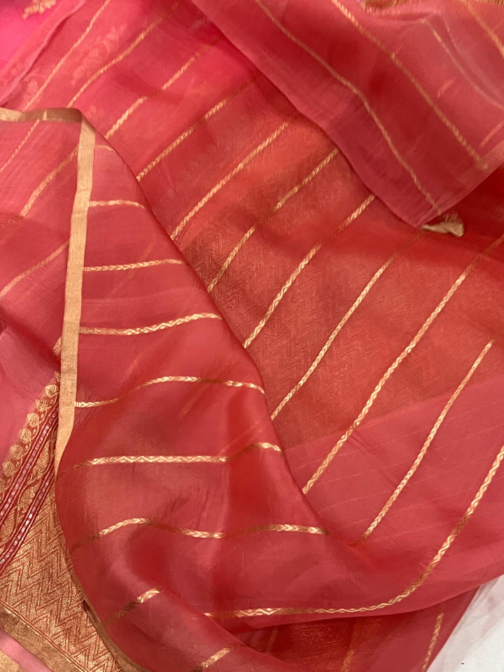 Strawberry Pink Banarasi Handloom Kora Silk Saree - Aura Benaras