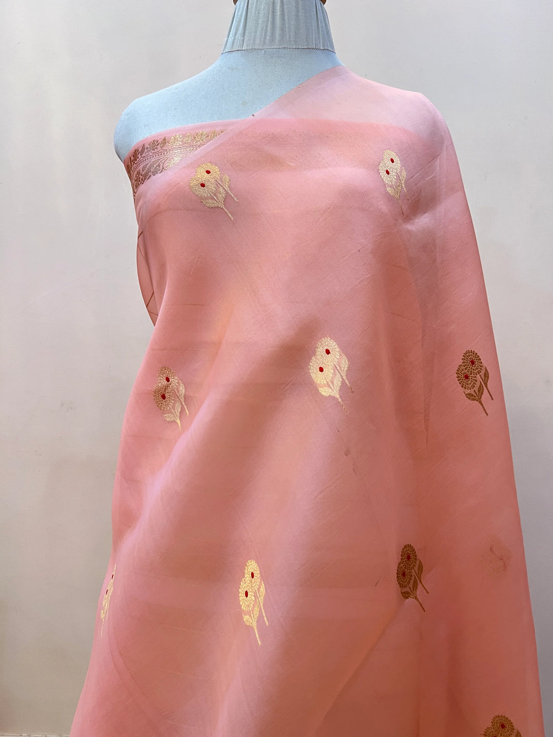 Peach Pure Kora Silk Handloom Banarasi Saree