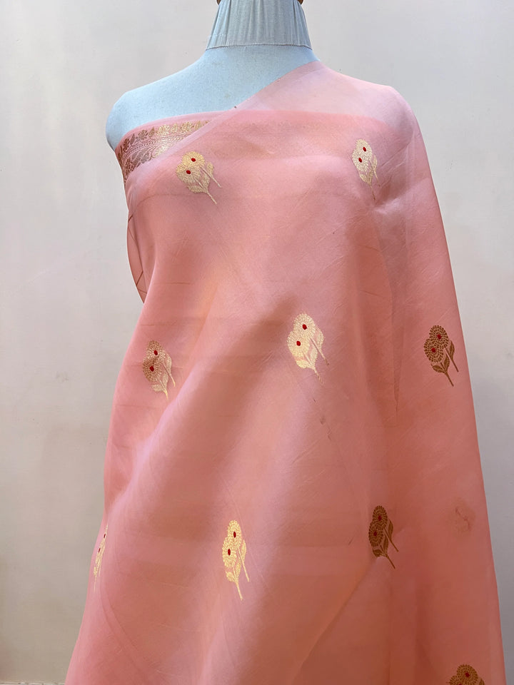 Peach Pure Kora Silk Handloom Banarasi Saree