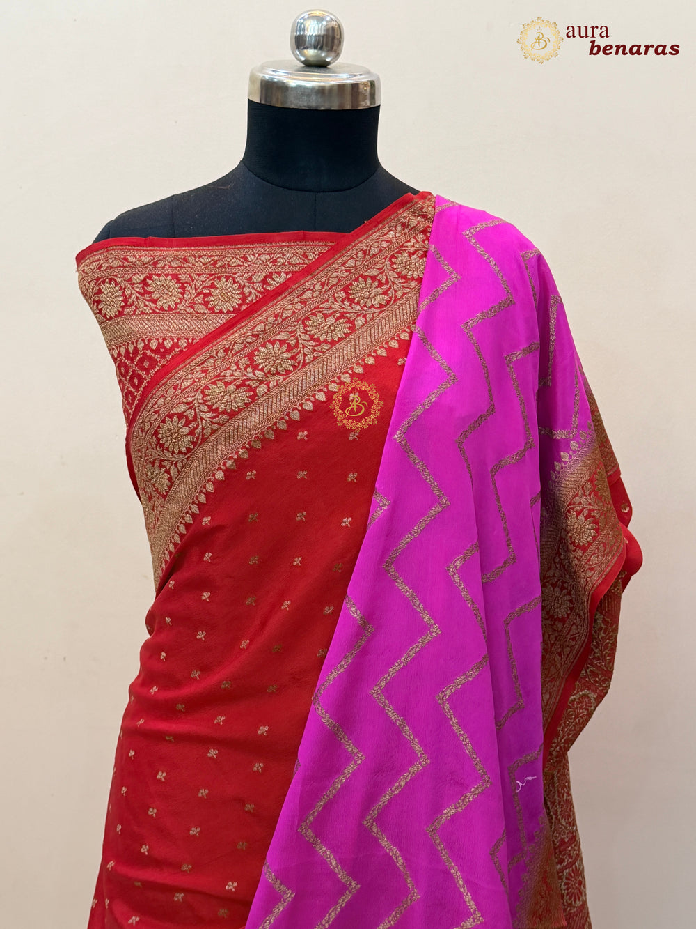 Red Pure Crepe Silk Banarasi Saree with Antique Zari Aada Work