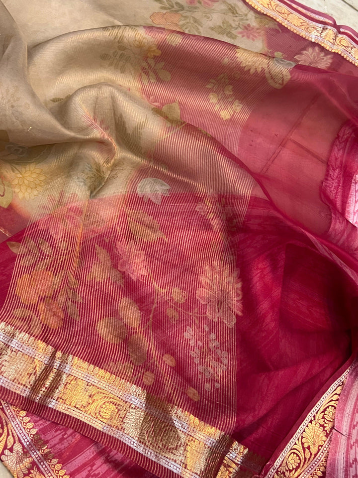 Pure Banarasi Kora silk saree with floral digital print, golden zari Banarasi border, and matching Chiniya silk blouse piece—ideal for festive and elegant occasions.