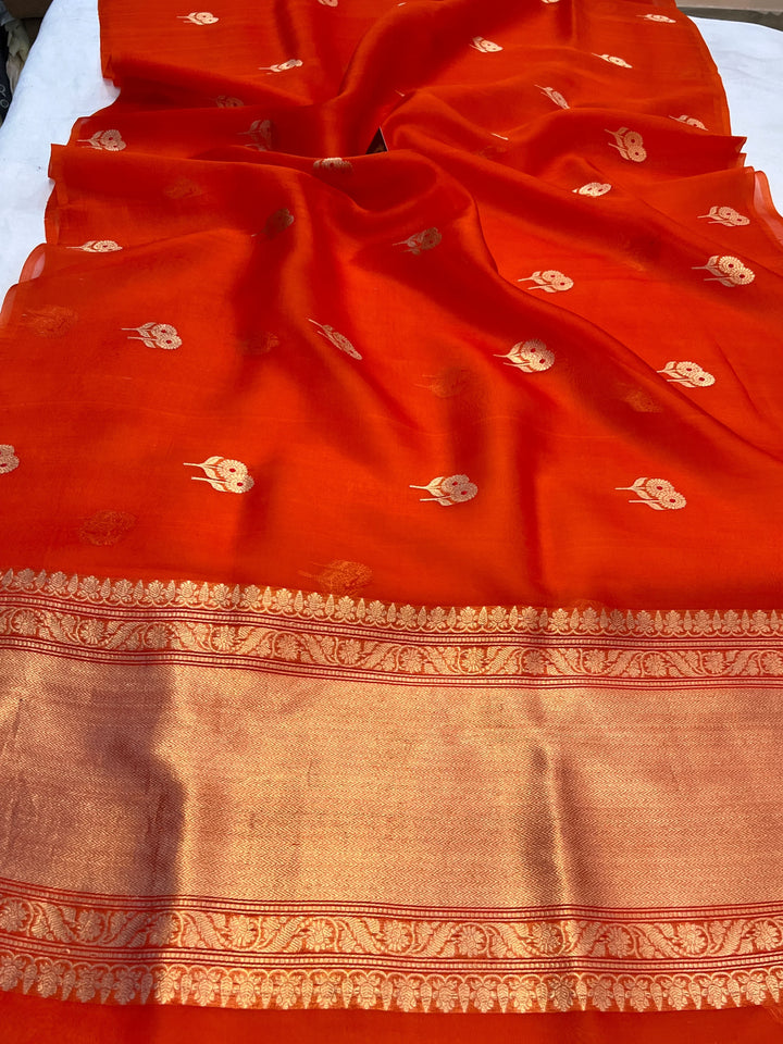 Orange Pure Kora Silk Handloom Banarasi Saree