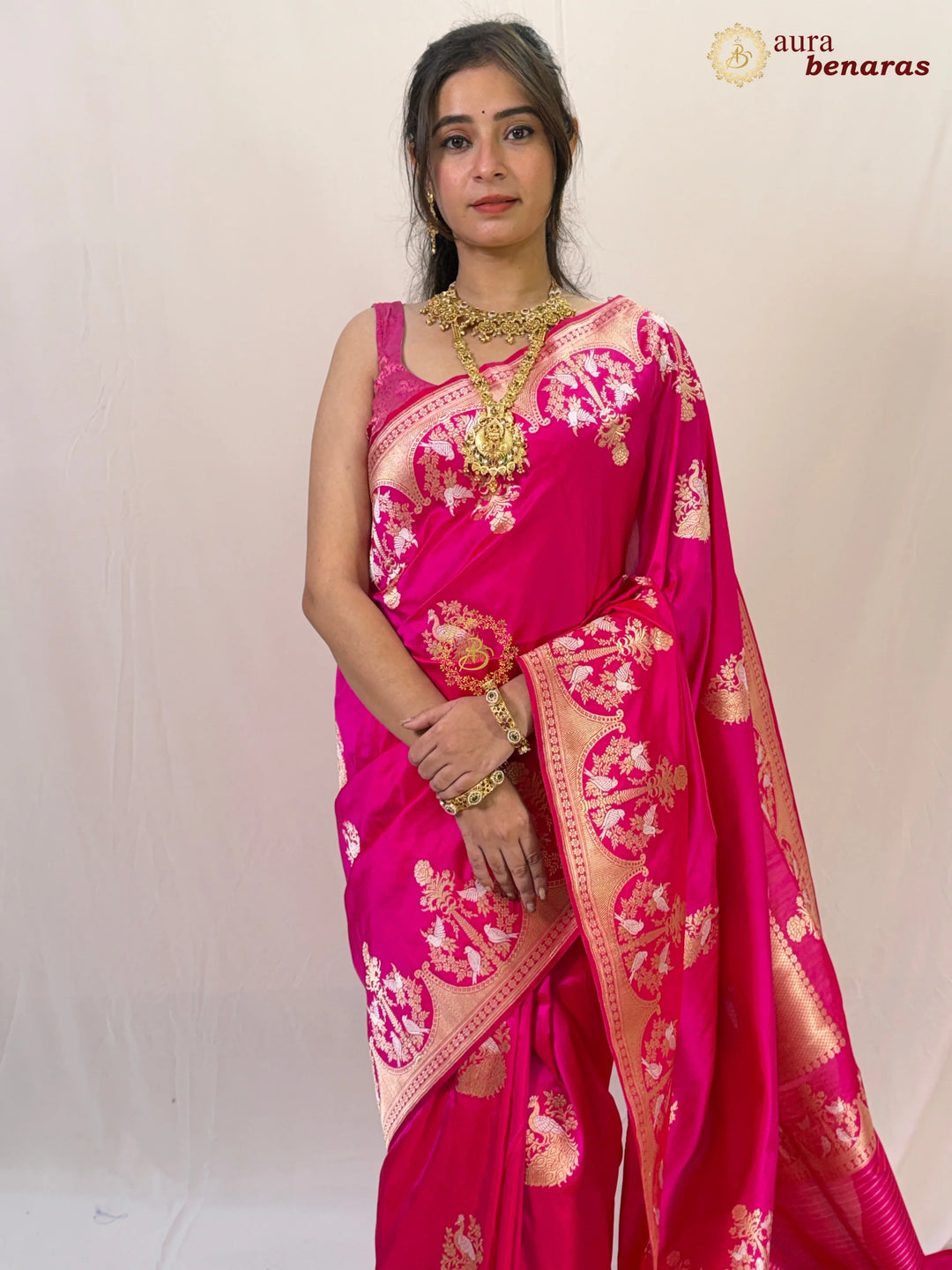Rani Pink Katan Silk Handloom Banarasi Saree – Aura Benaras