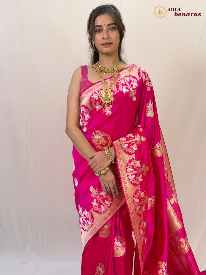 Rani Pink Katan Silk Handloom Banarasi Saree – Aura Benaras