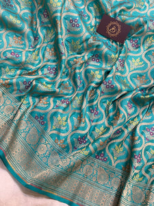 Firozi Pure Banarasi Handloom Katan Silk Saree - Aura Benaras