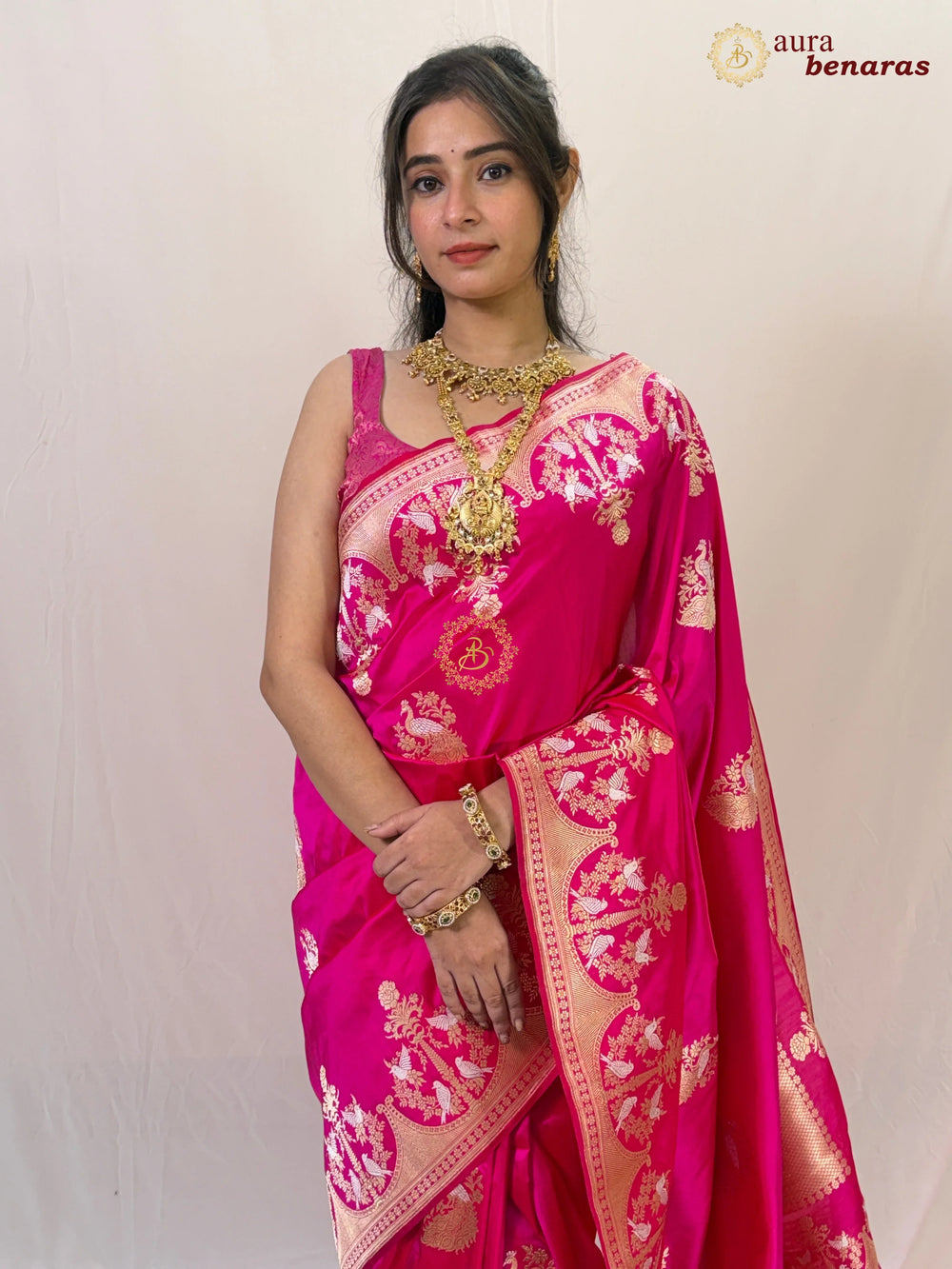 Rani Pink Katan Silk Handloom Banarasi Saree – Aura Benaras