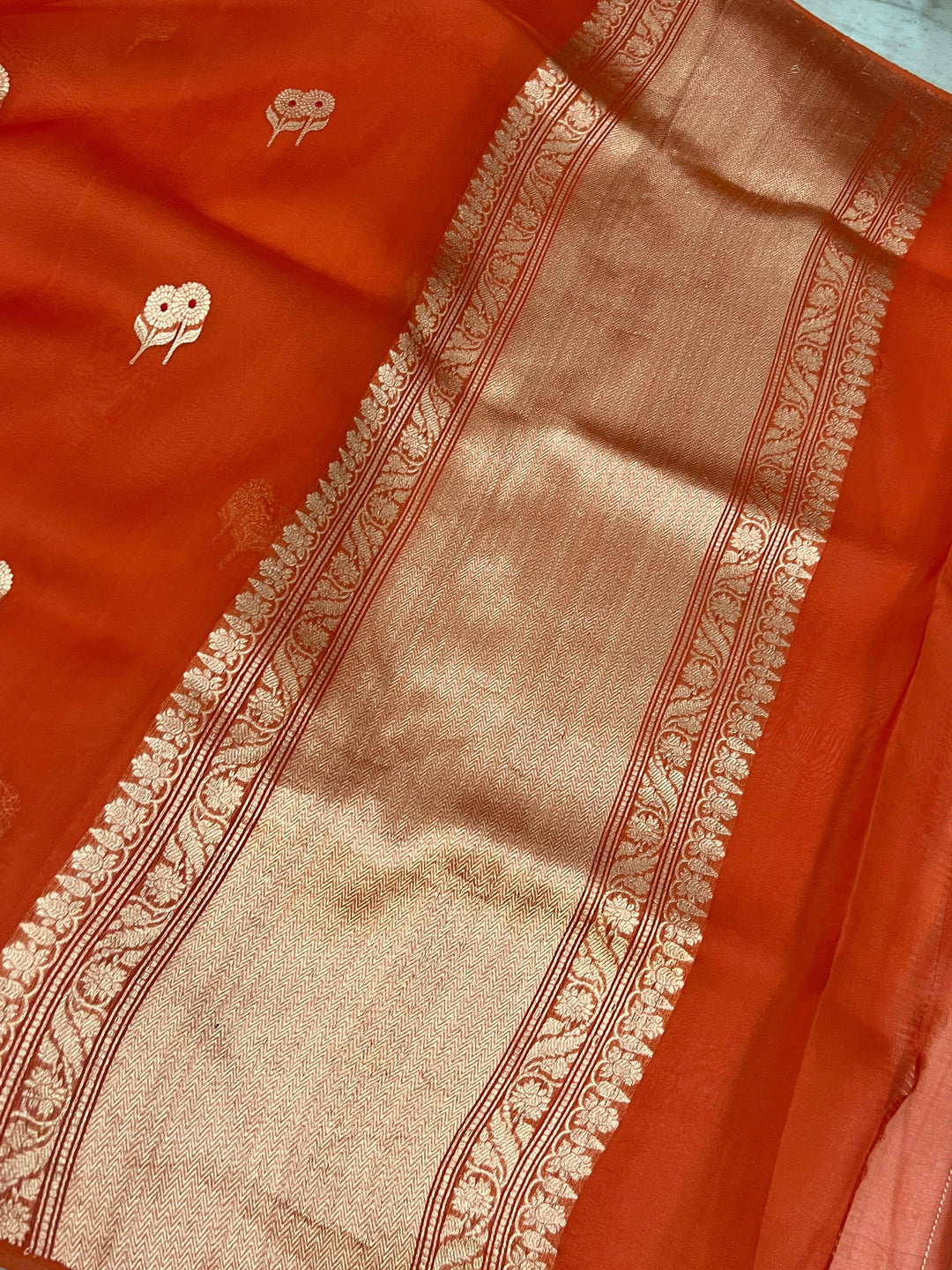 Orange Pure Kora Silk Handloom Banarasi Saree