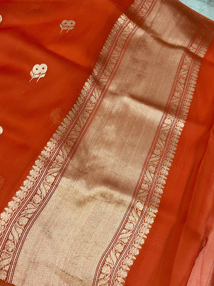 Orange Pure Kora Silk Handloom Banarasi Saree