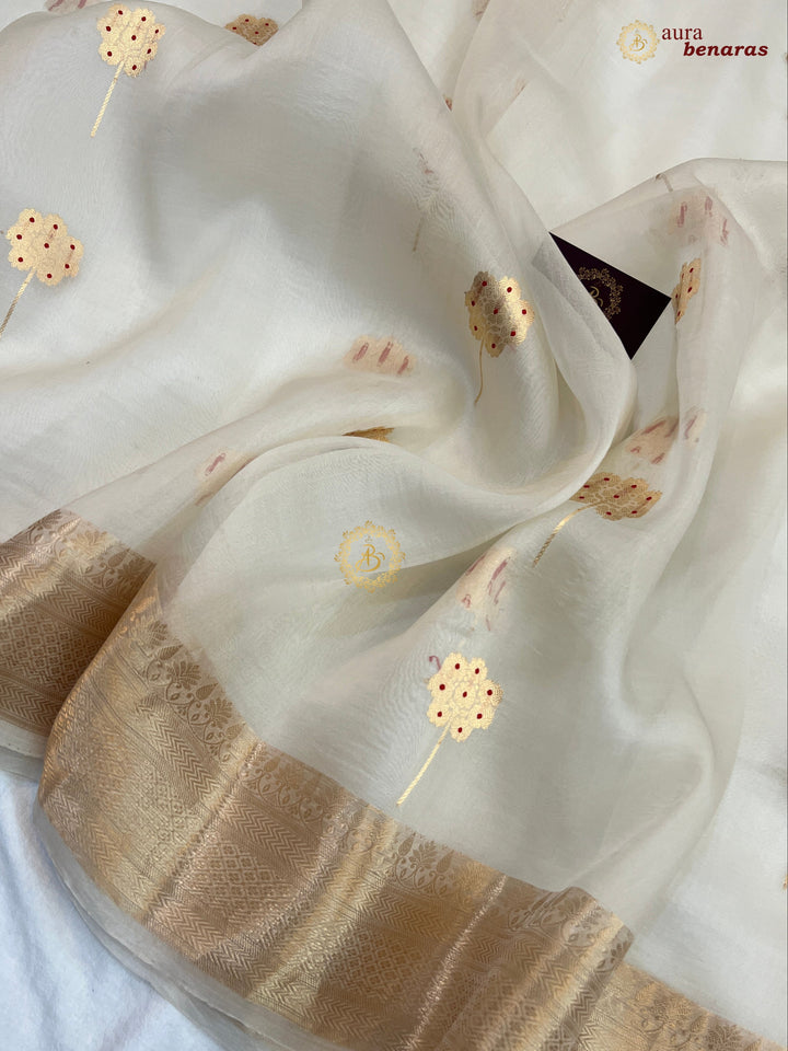 Off White Silk Banarasi Saree with Kadhwa Zari & Meenakari