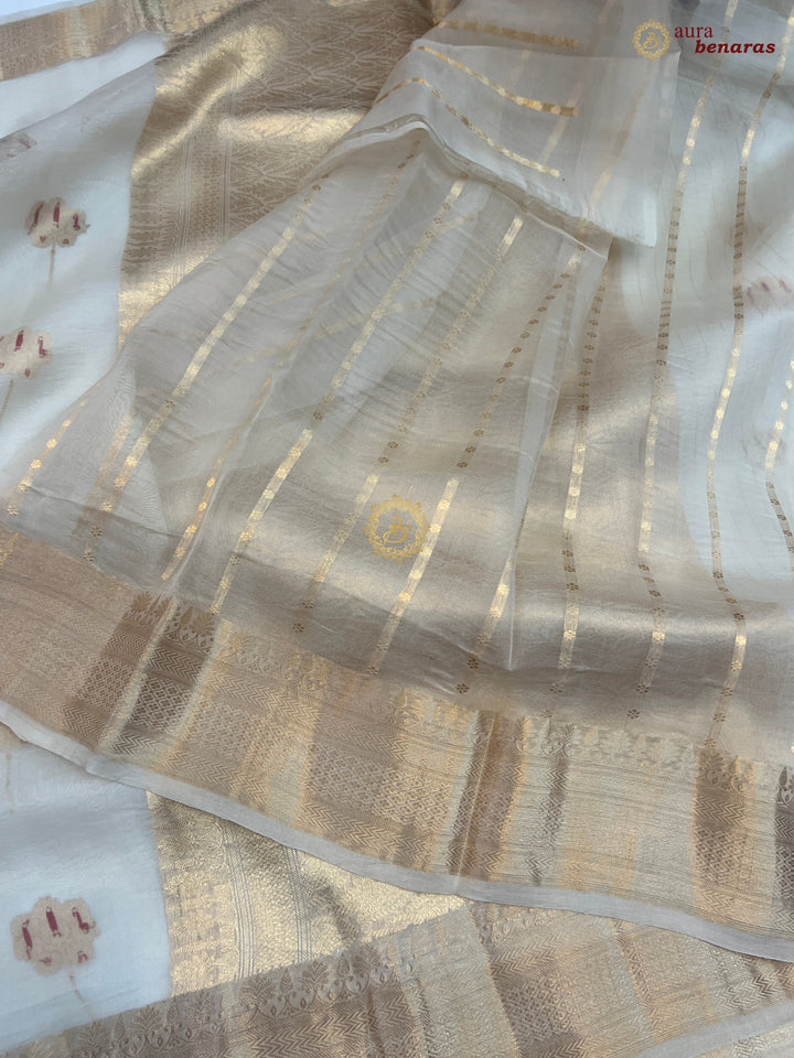 Off White Silk Banarasi Saree with Kadhwa Zari & Meenakari