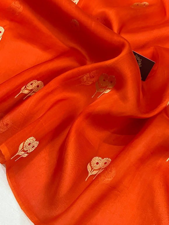 Orange Pure Kora Silk Handloom Banarasi Saree
