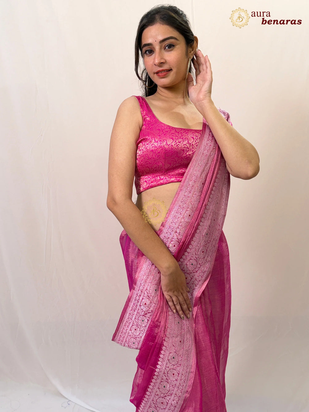 Rani PInk Chiffon Tissue Silk Banarasi Saree with Sona Rupa