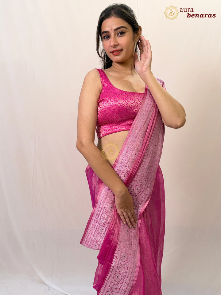 Rani PInk Chiffon Tissue Silk Banarasi Saree with Sona Rupa