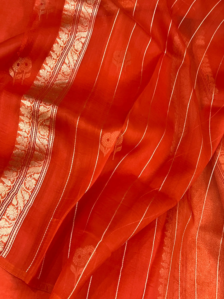 Orange Pure Kora Silk Handloom Banarasi Saree