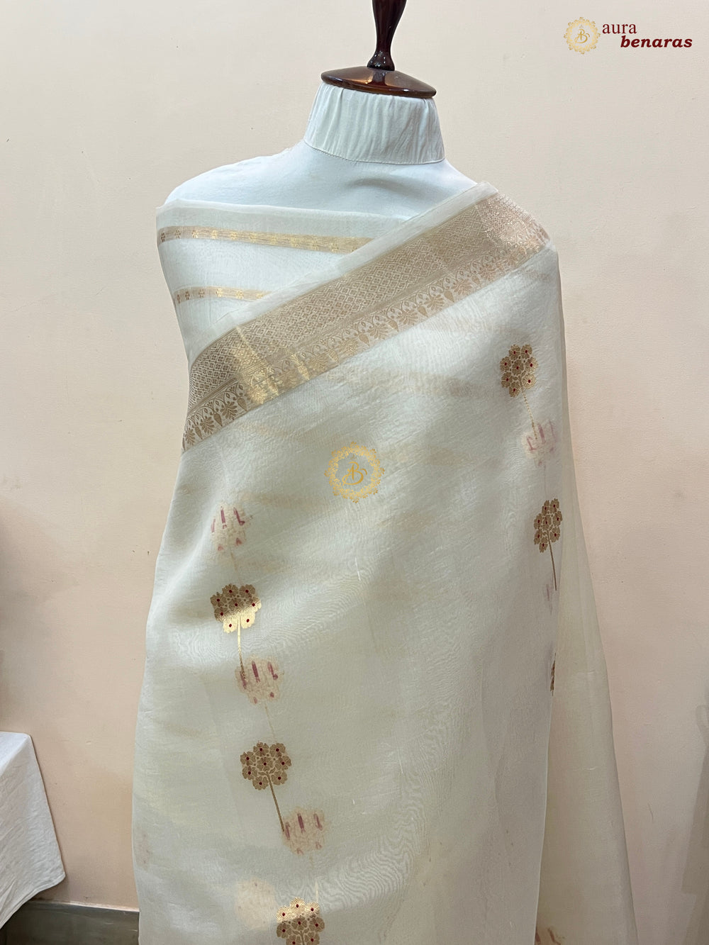 Off White Silk Banarasi Saree with Kadhwa Zari & Meenakari