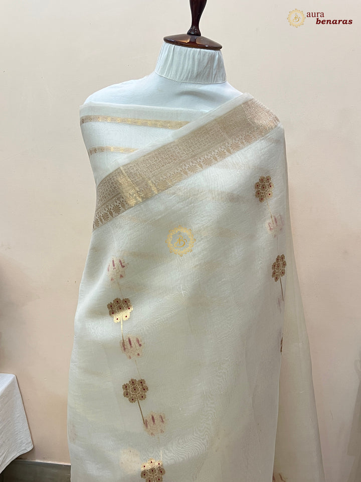 Off White Silk Banarasi Saree with Kadhwa Zari & Meenakari