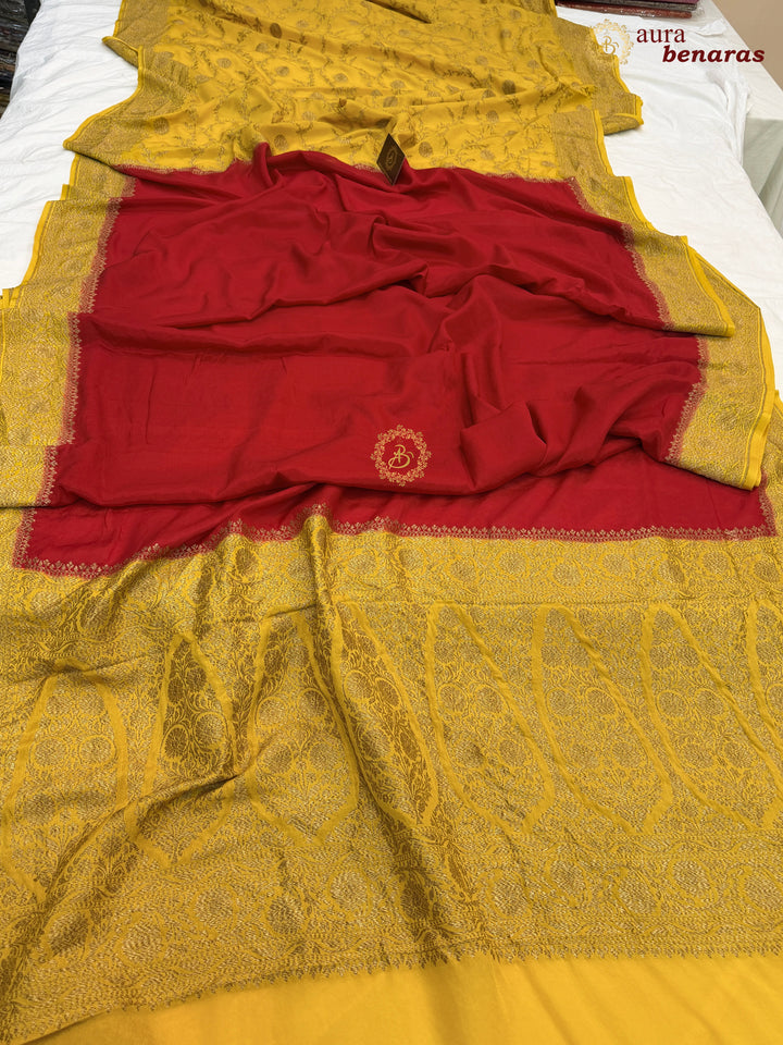 Red Pure Crepe Silk Banarasi Saree with Antique Zari Jaal Work