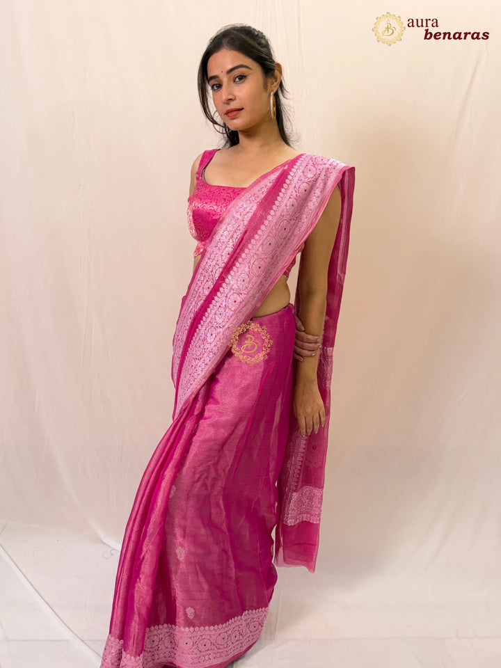Rani PInk Chiffon Tissue Silk Banarasi Saree with Sona Rupa
