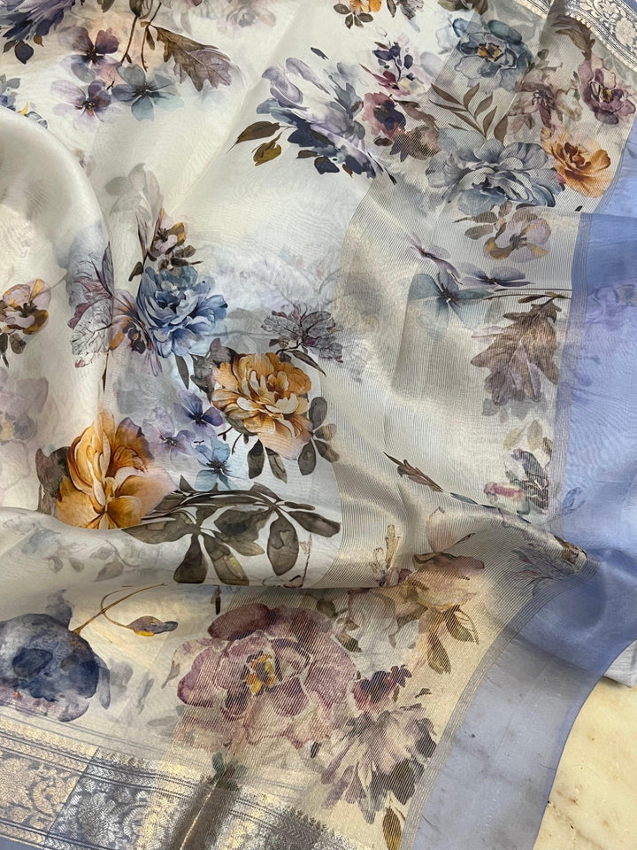 White Pure Banarasi Handloom Kora Silk Saree