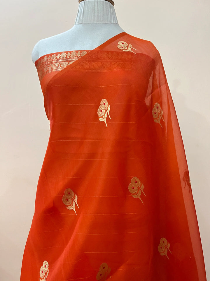 Orange Pure Kora Silk Handloom Banarasi Saree