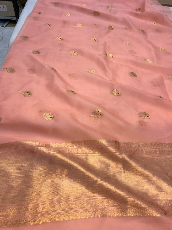 Baby Pink Pure Kora Silk Handloom Banarasi Saree