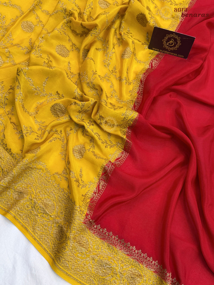 Red Pure Crepe Silk Banarasi Saree with Antique Zari Jaal Work