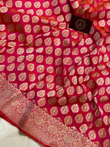 Orangish Pink Pure Banarasi Handloom Katan Silk Saree - Aura Benaras