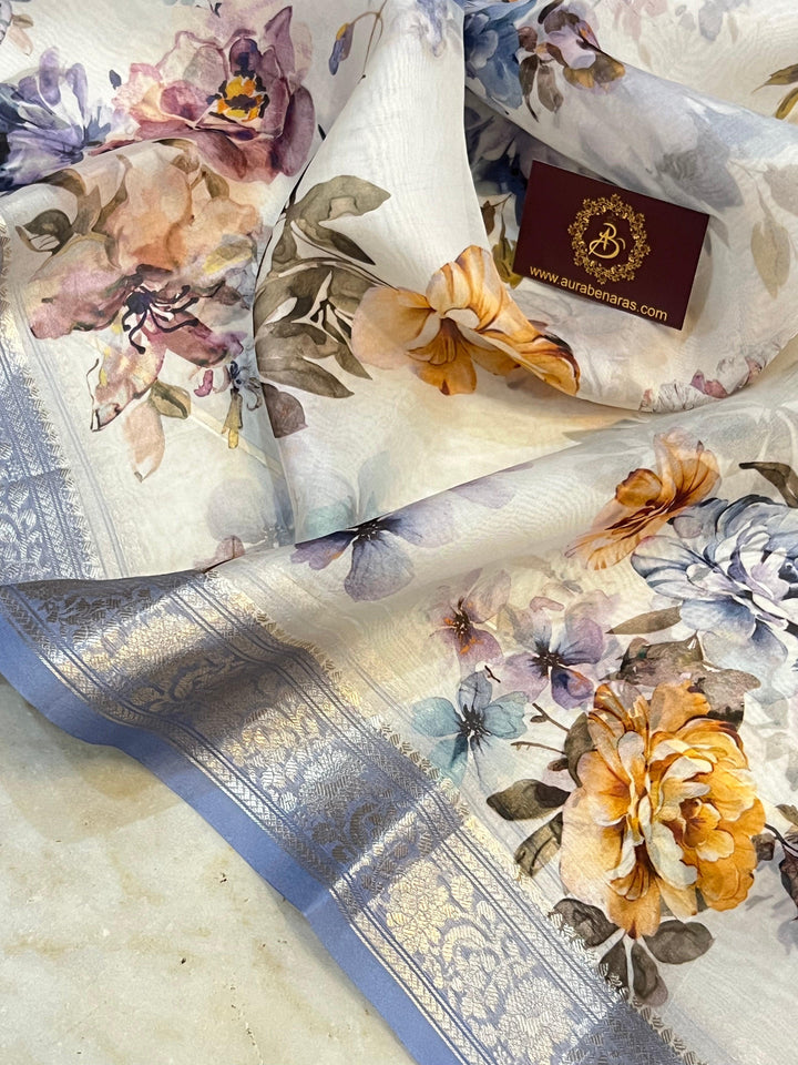 White Pure Banarasi Handloom Kora Silk Saree