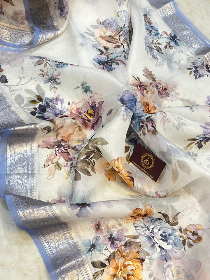 White Pure Banarasi Handloom Kora Silk Saree