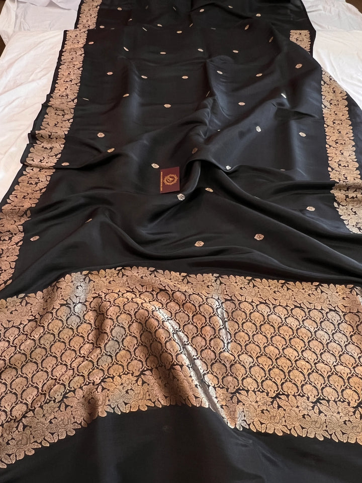 Black Banarasi Handloom Kora Katan Silk Saree