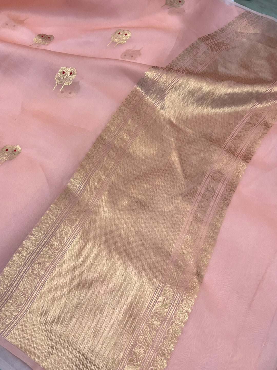Baby Pink Pure Kora Silk Handloom Banarasi Saree