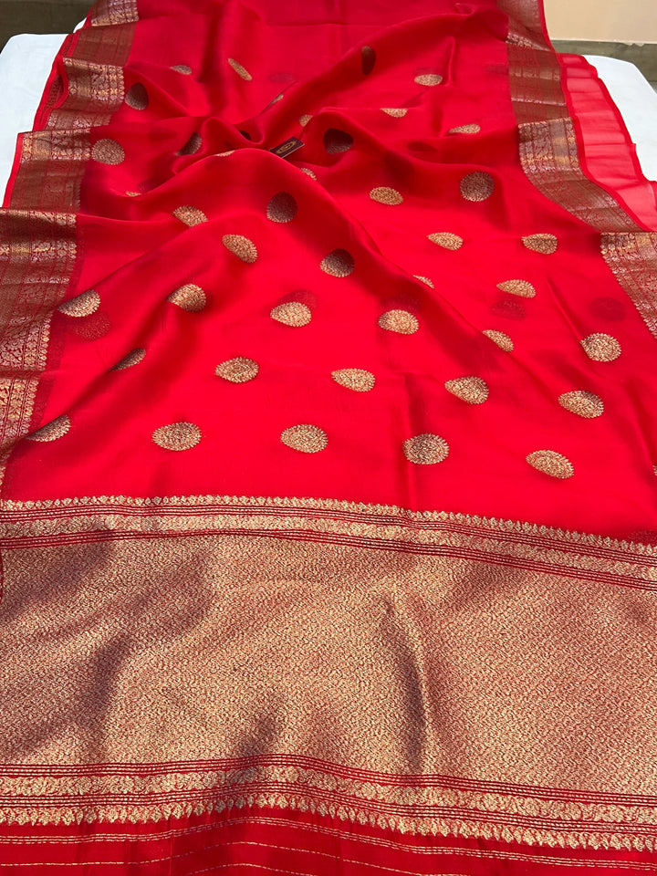 Red Pure Pure Kora Silk Handloom Banarasi Saree