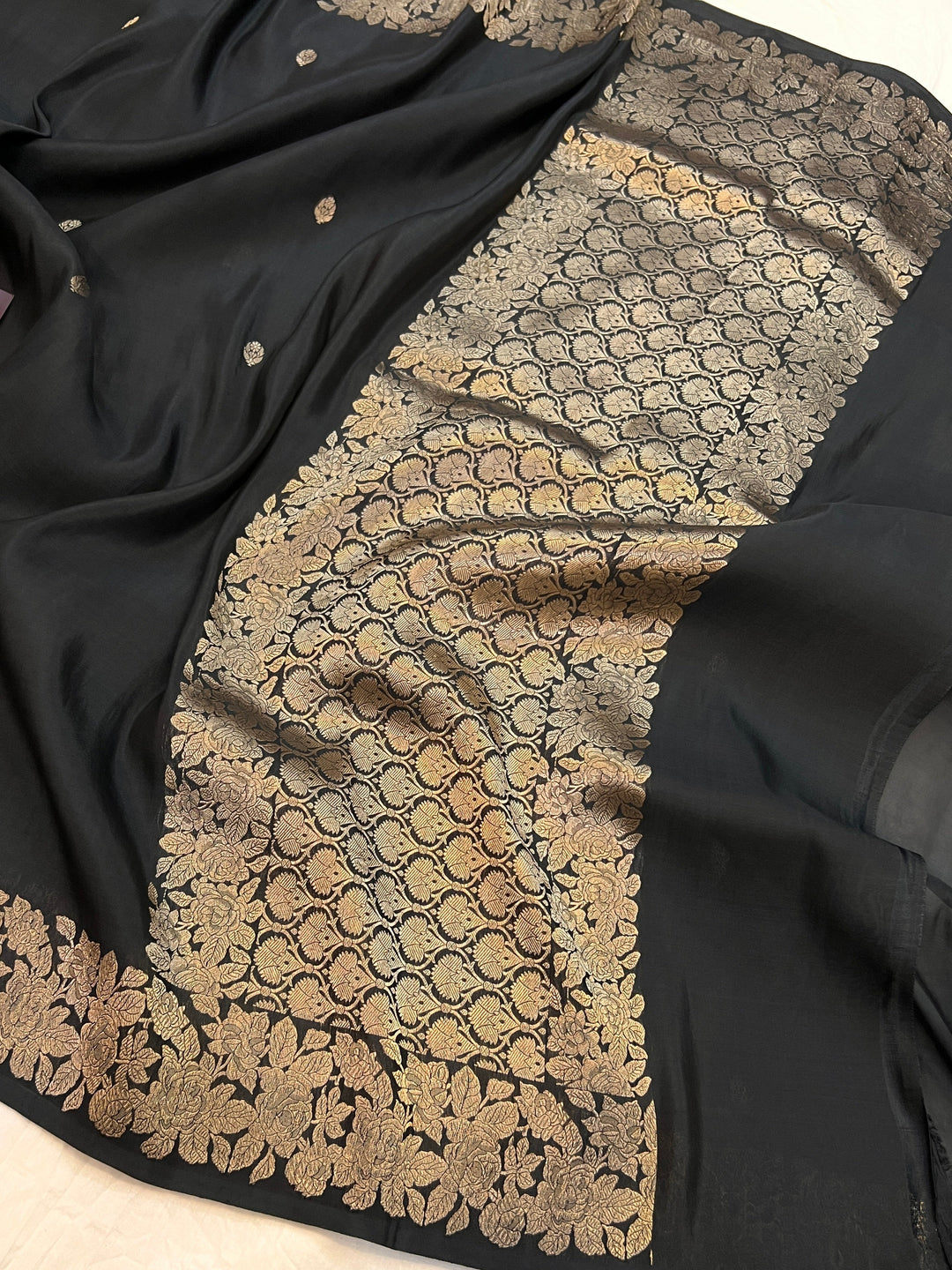 Black Banarasi Handloom Kora Katan Silk Saree