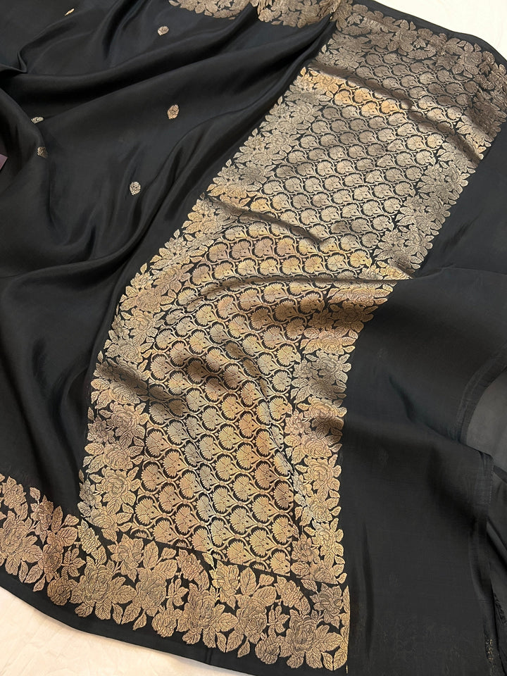 Black Banarasi Handloom Kora Katan Silk Saree