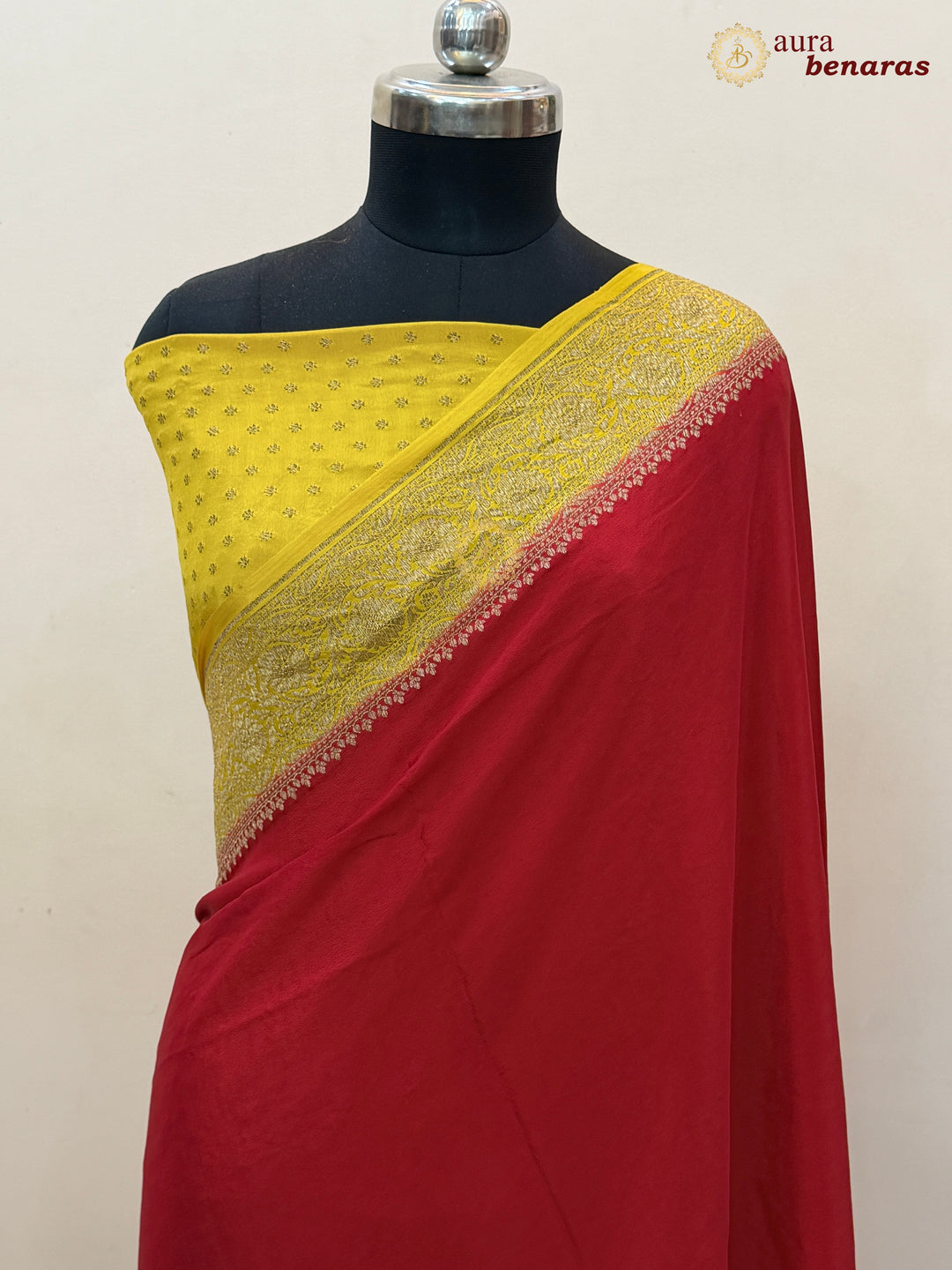 Red Pure Crepe Silk Banarasi Saree with Antique Zari Jaal Work