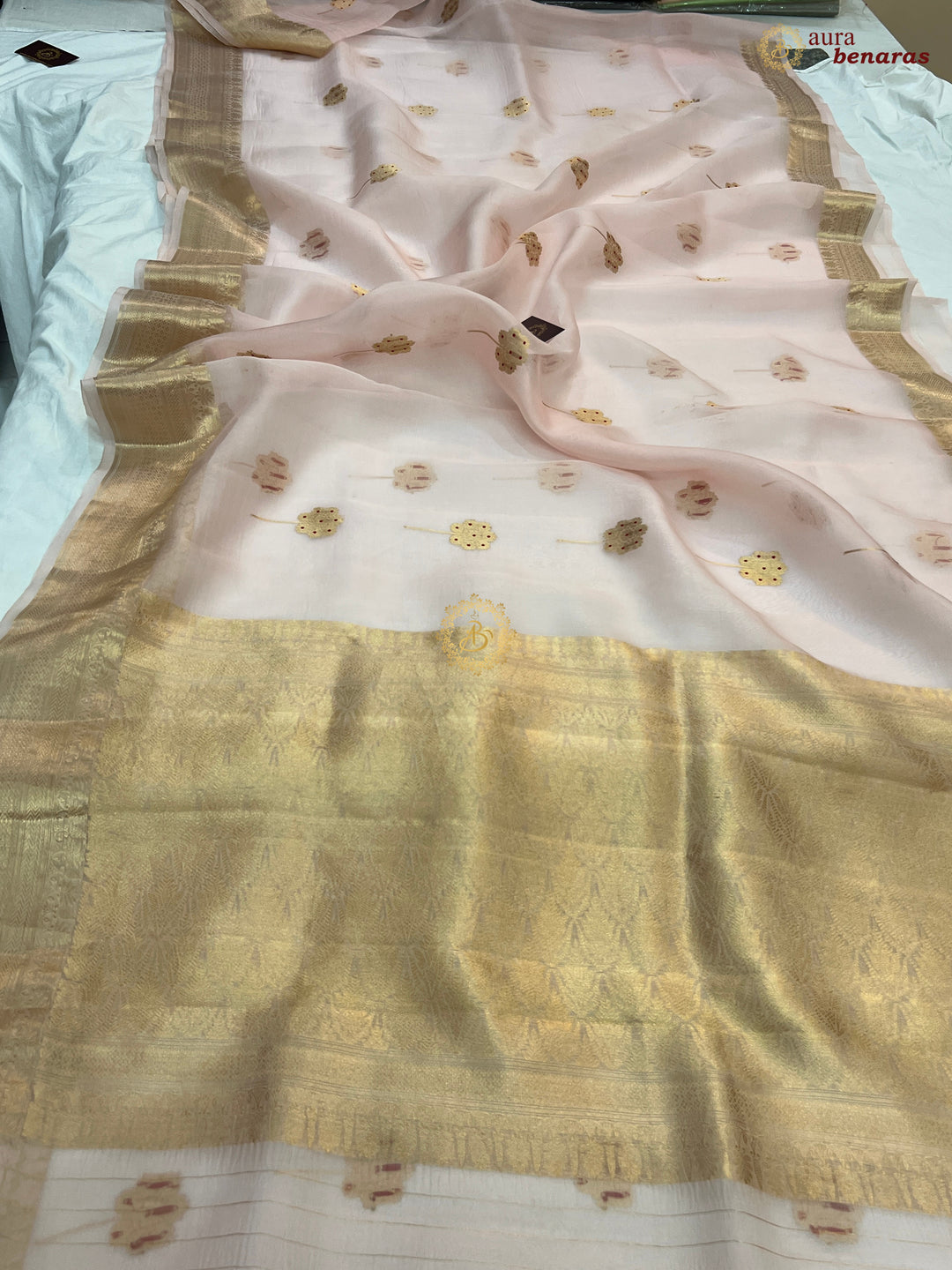 Pale Peach Silk Banarasi Saree with Kadhwa Zari & Meenakari