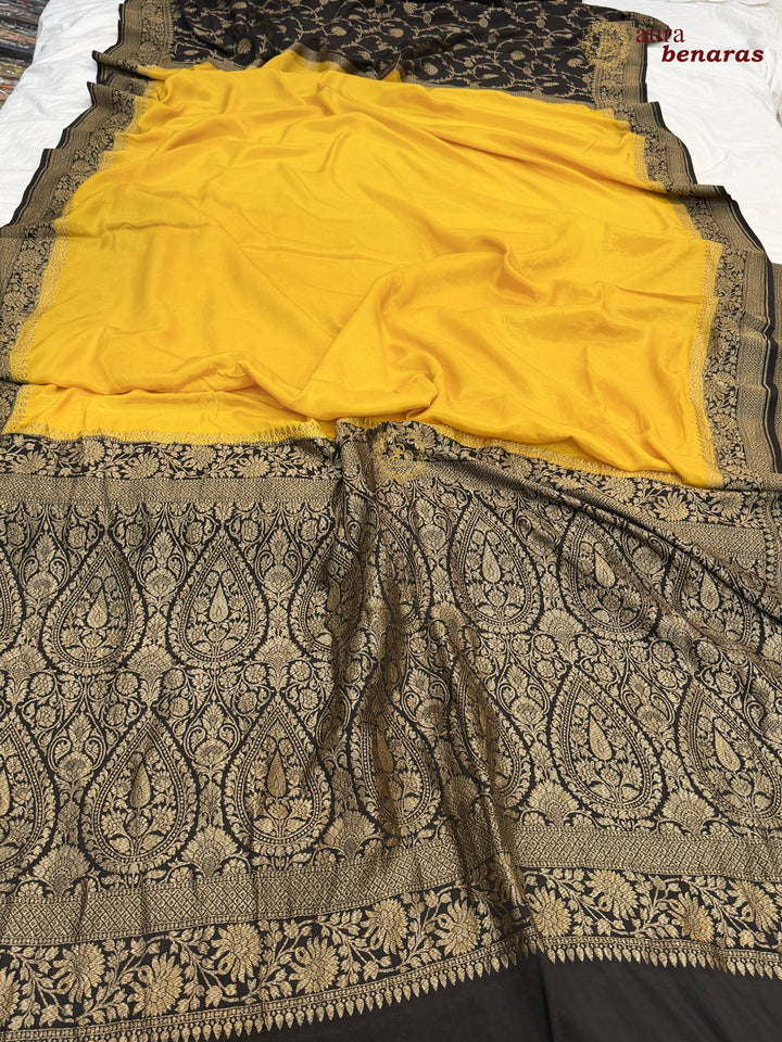 Yellow Pure Crepe Silk Banarasi Saree with Antique Zari Jaal Work