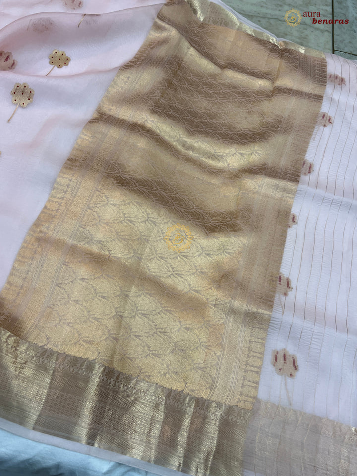 Pale Peach Silk Banarasi Saree with Kadhwa Zari & Meenakari