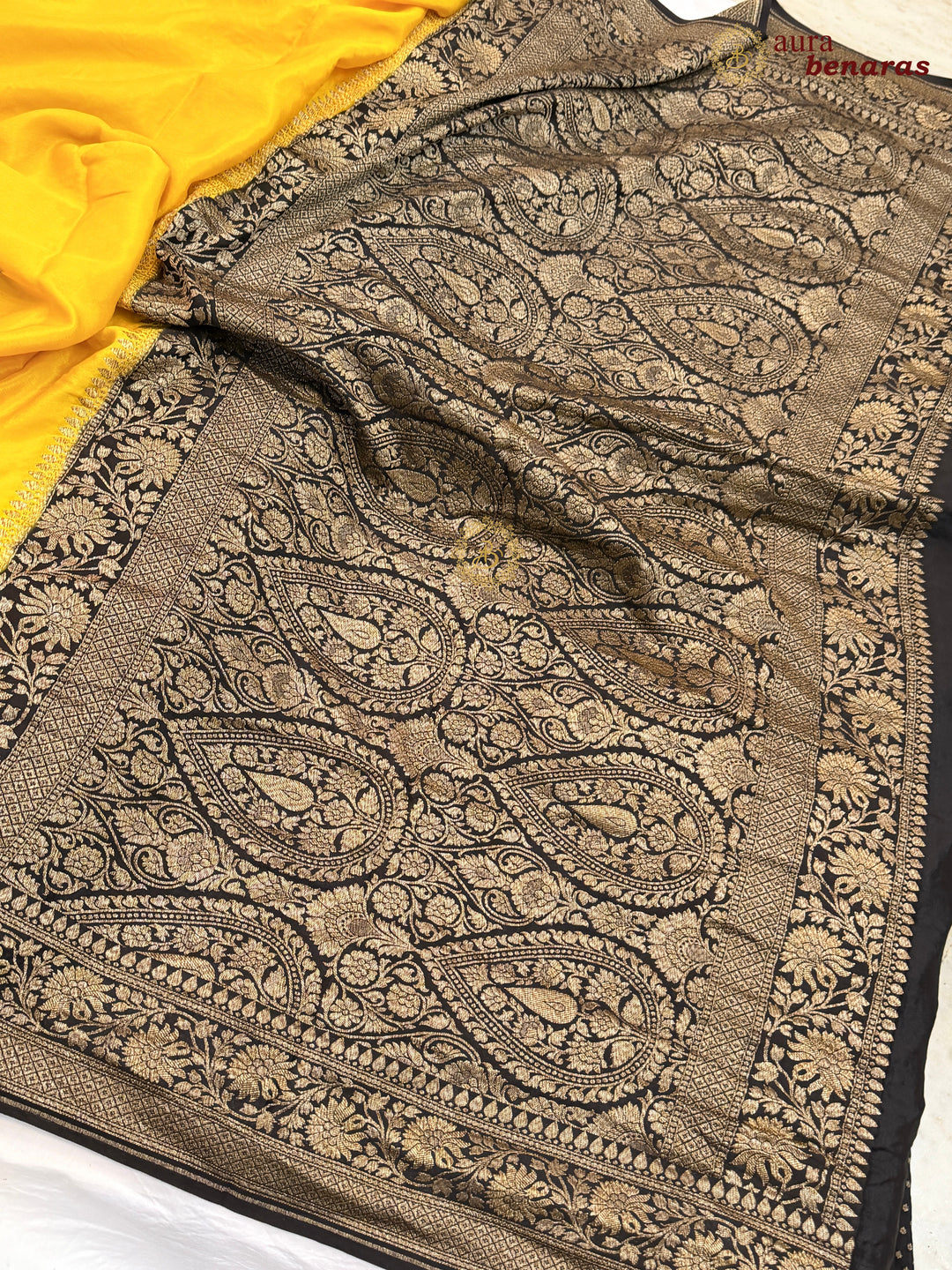 Yellow Pure Crepe Silk Banarasi Saree with Antique Zari Jaal Work