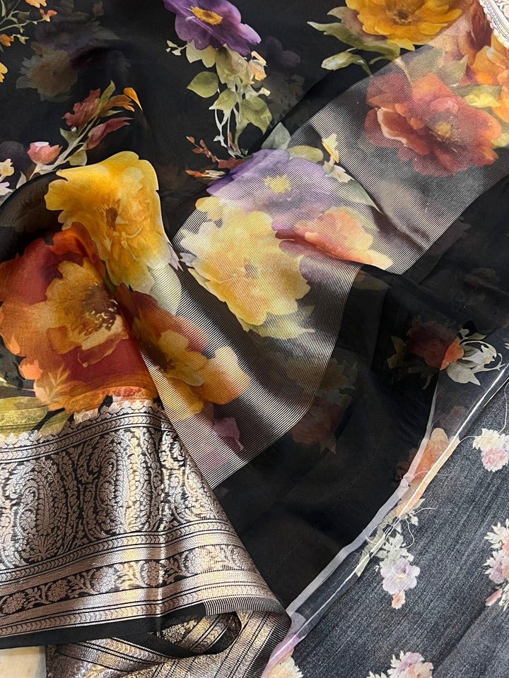 Pure Banarasi Kora silk saree with floral digital print, silver zari Banarasi border, and matching Chiniya silk blouse piece—ideal for festive and elegant occasions.